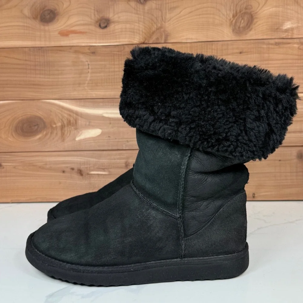 Black UGG Australia Tall Boots Sheepskin Fur Lined Fold‎ Over Cuff Women's 7